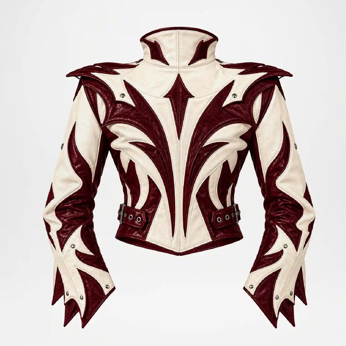 back view of burgundy white designer leather jacket