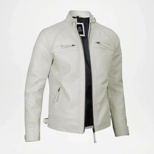 mens quilted white leather motorcycle jacket