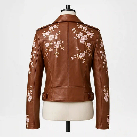 Back view of Floral Brown Leather Biker Jacket for Women