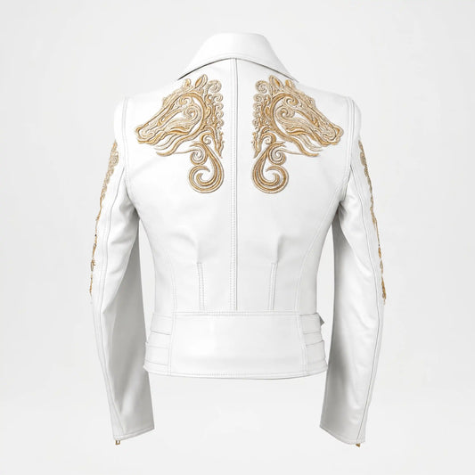 Back view of Gold Embroidered White Biker Jacket for Women