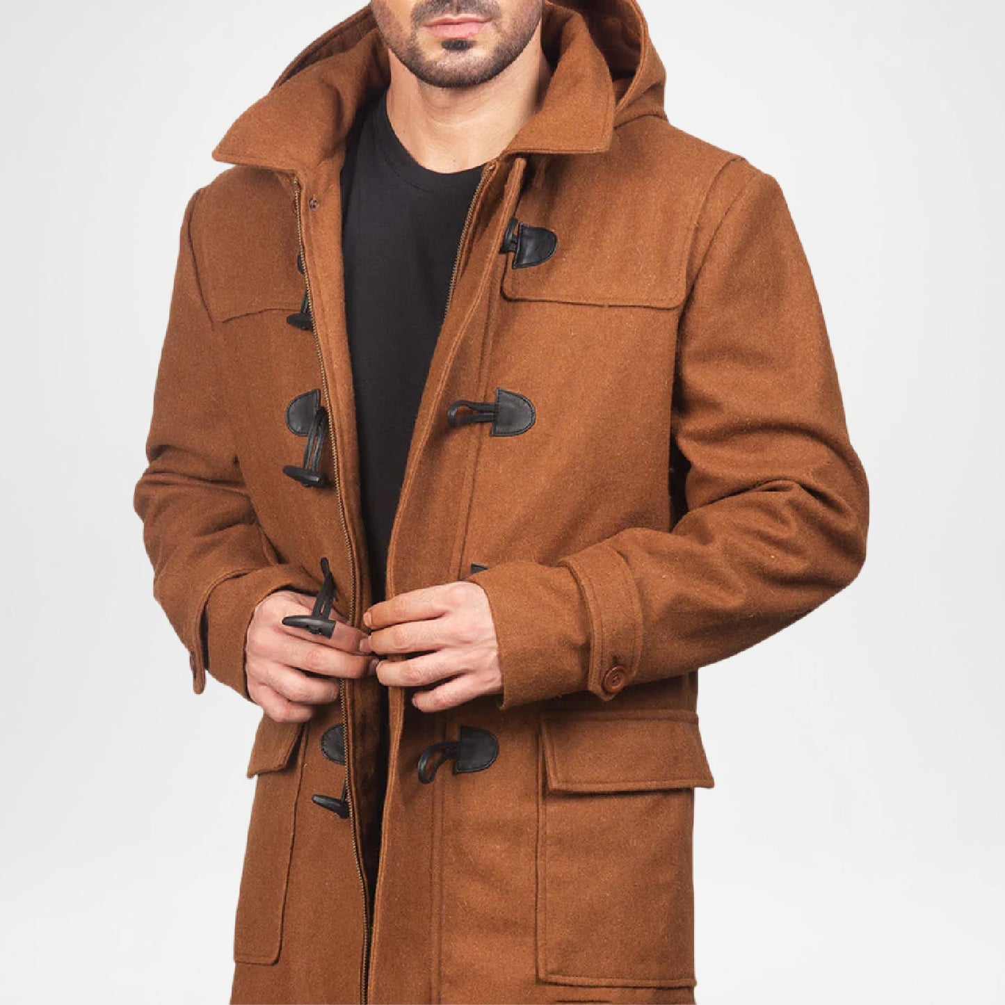 Brown Hooded Duffle Coat for Men
