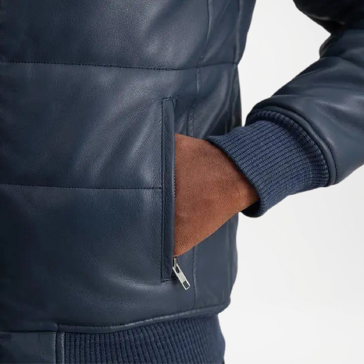 blue leather puffer coat