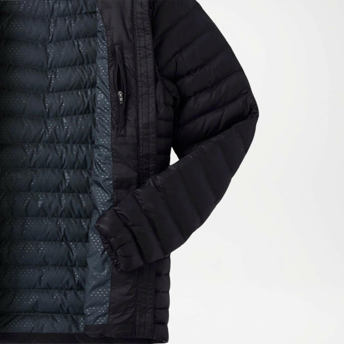 Black quilted jacket with a close-up of the sleeve