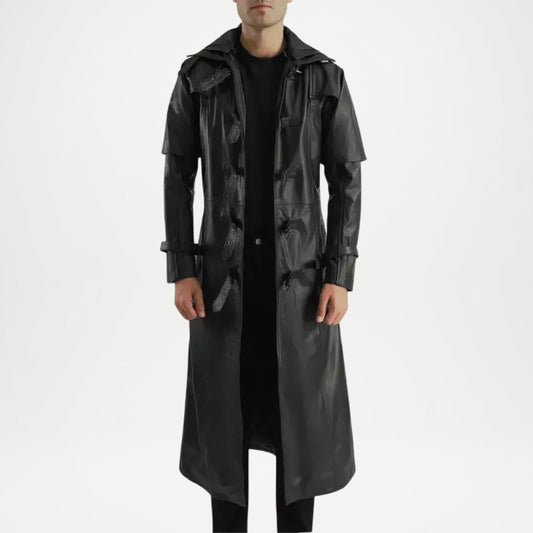 Huntsman Men’s Black Hooded Leather Trench Coat