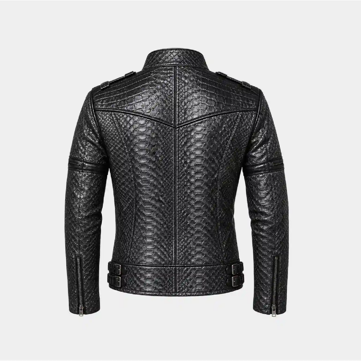 Back view of men's black snake leather jacket