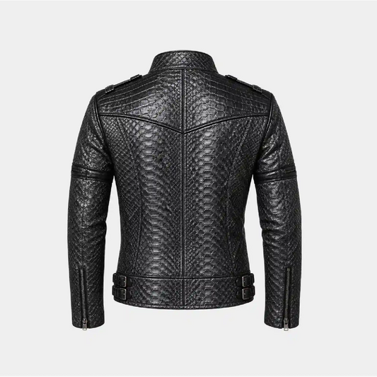 Back view of men's black snake leather jacket