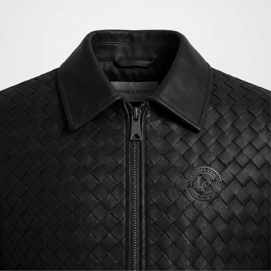 Men's Woven Leather Bomber Jacket showcasing genuine woven leather details