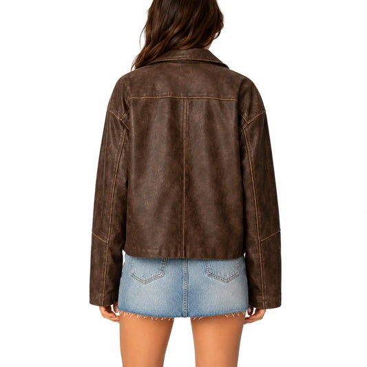 Women's distressed brown oversized leather jacket back view on white background