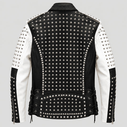 Black and white leather motorcycle jacket with silver studs, shown from the back on a light gray background.