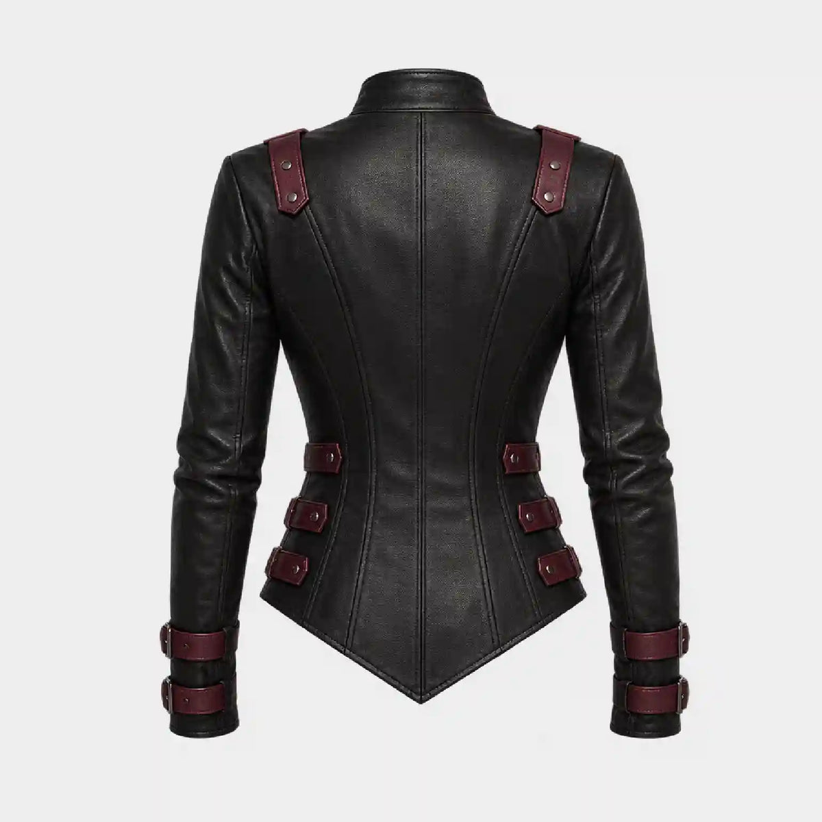 Black faux leather corset jacket with burgundy accents on the shoulders, waist, and cuffs, shown from the back on a light gray background.
