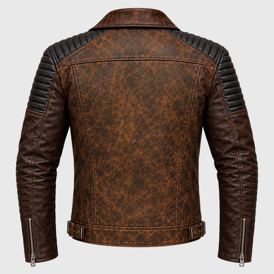 Back view of vintage biker leather jacket