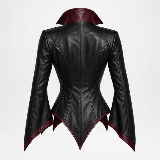back view of black witch leather jacket