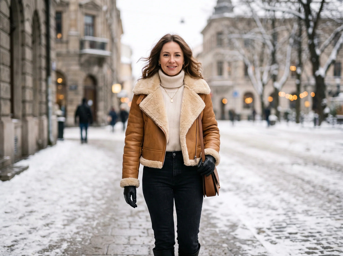 Woman wearing leather jacket
