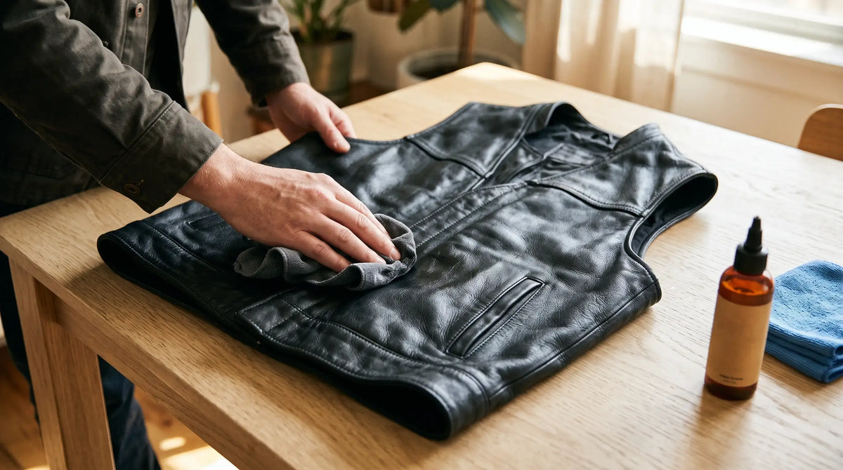 Leather vest cleaning supplies including microfiber cloth and cleaner