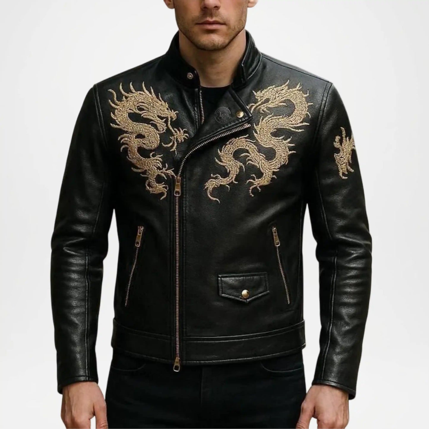Dragon Leather Jacket Men – Black Embroidered Biker Jacket