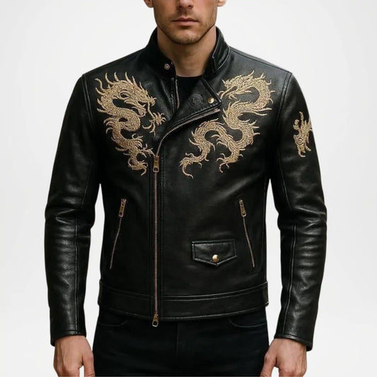 Dragon Leather Jacket Men – Black Embroidered Biker Jacket