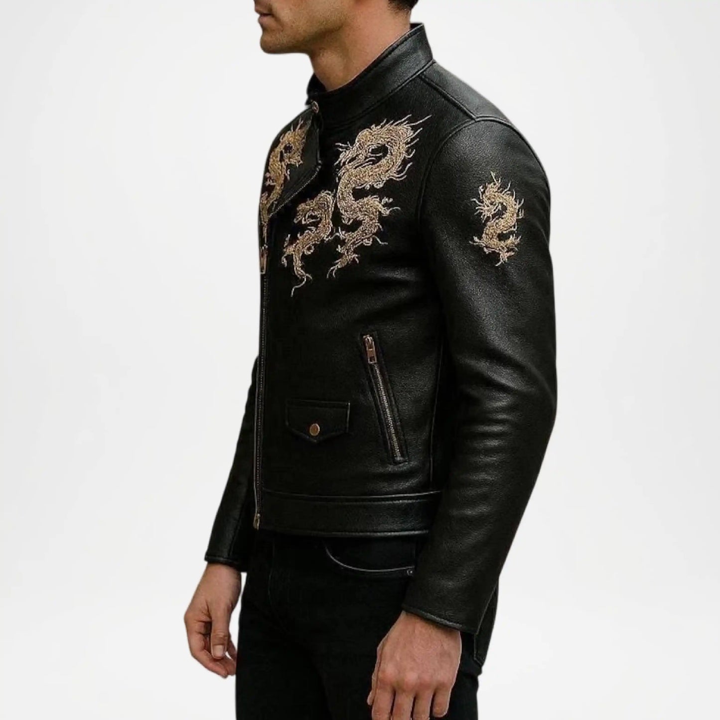 Dragon Leather Jacket Men – Black Embroidered Biker Jacket