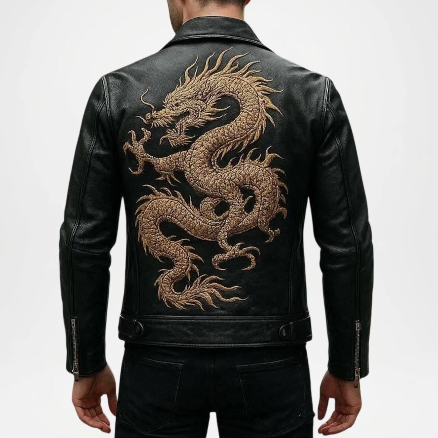 Dragon Leather Jacket Men – Black Embroidered Biker Jacket