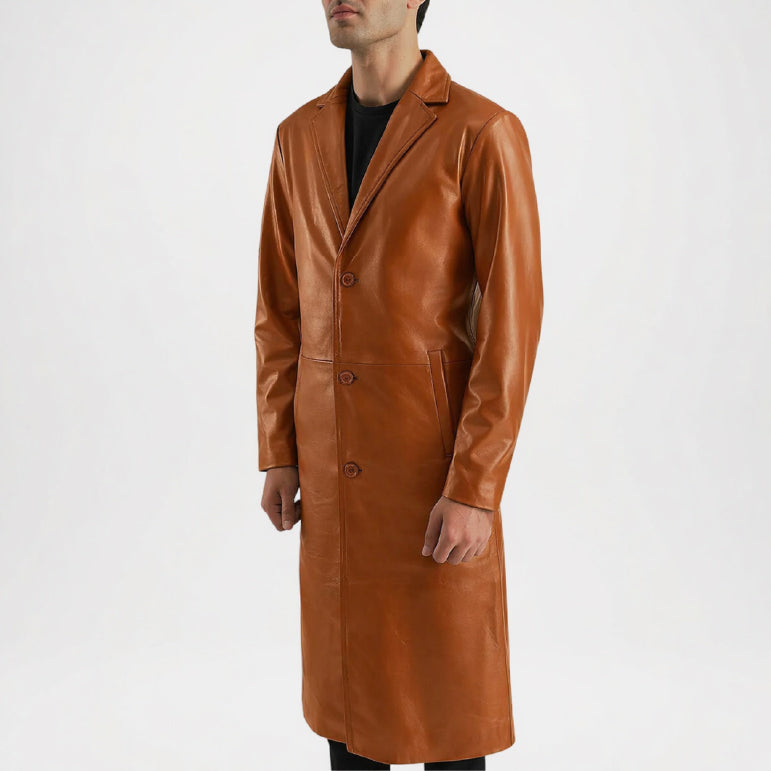 Men’s Brown Leather Trench Coat Classic Fit