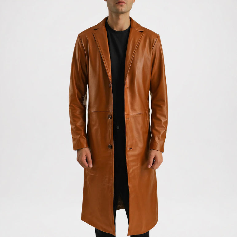 Men’s Brown Leather Trench Coat Classic Fit