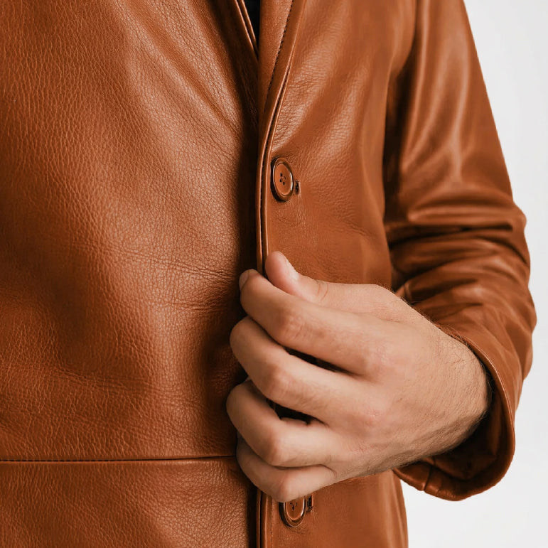 Men’s Brown Leather Trench Coat Classic Fit