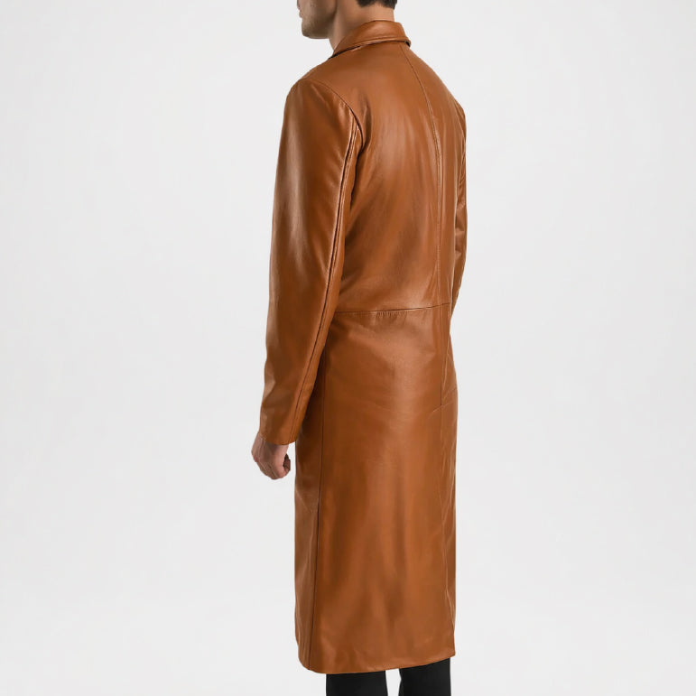 Men’s Brown Leather Trench Coat Classic Fit