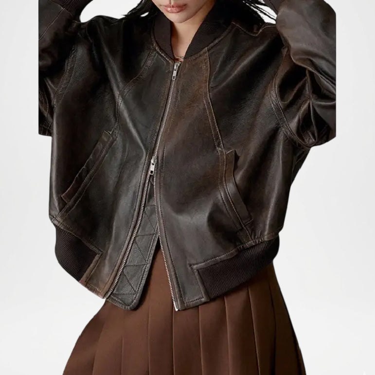 Charme Women’s Brown Leather Bomber Jacket