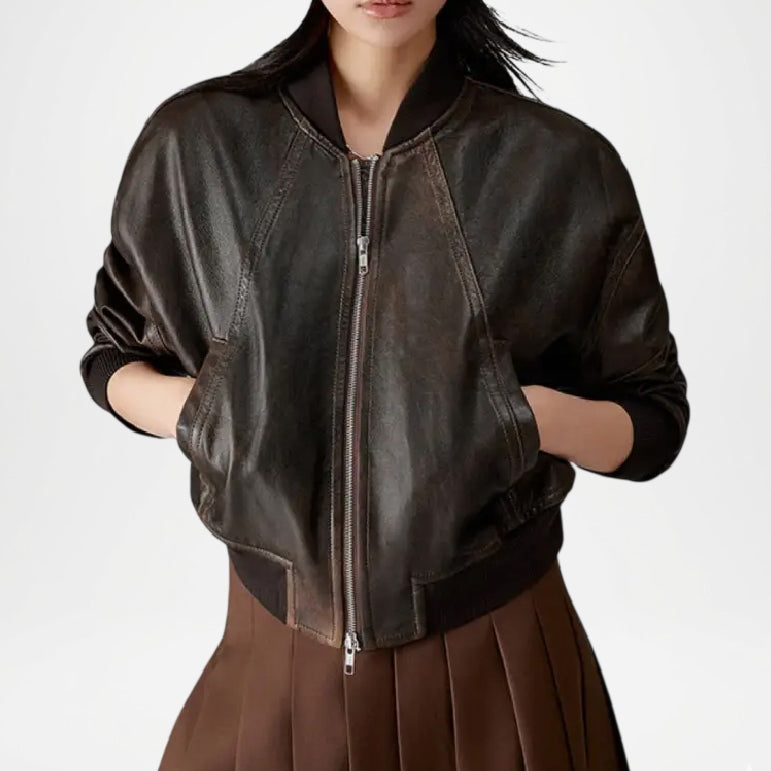 Women’s Brown Leather Bomber Jacket Vintage Style