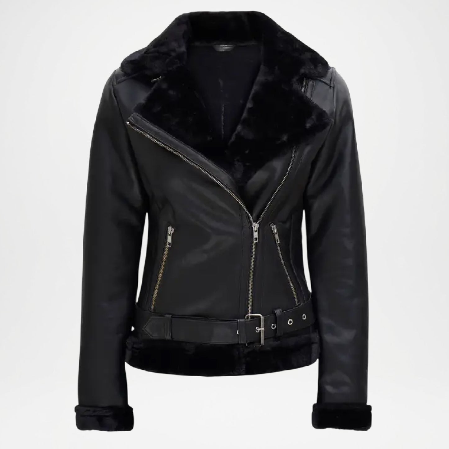Black Asymmetrical Shearling Leather Jacket women