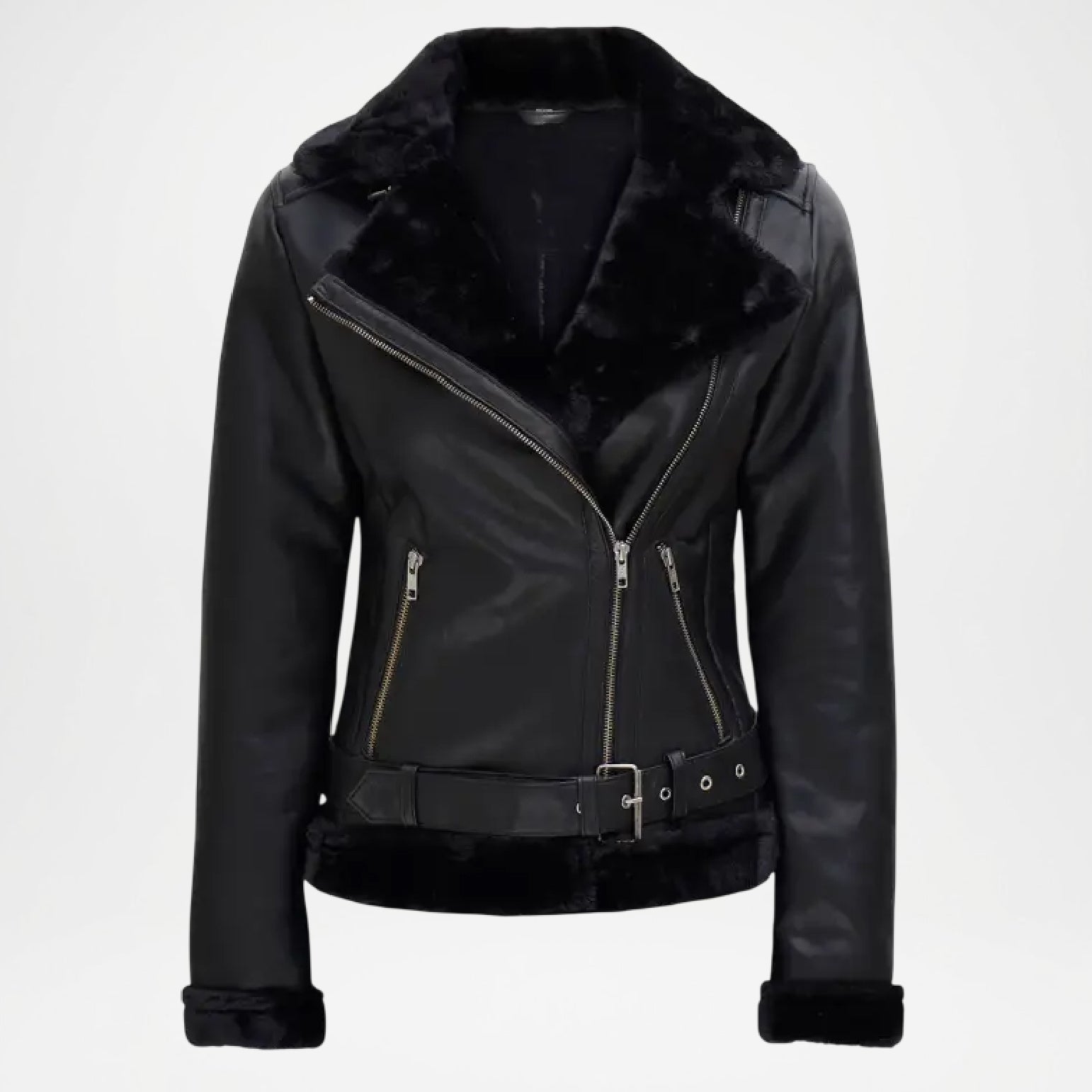 Black Asymmetrical Shearling Leather Jacket women