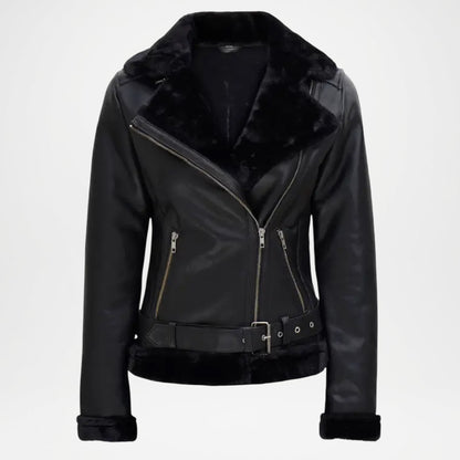 Black Asymmetrical Shearling Leather Jacket women