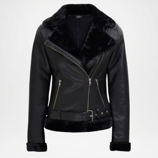 Black Asymmetrical Shearling Leather Jacket women