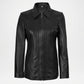 Black leather jacket women on a light gray background