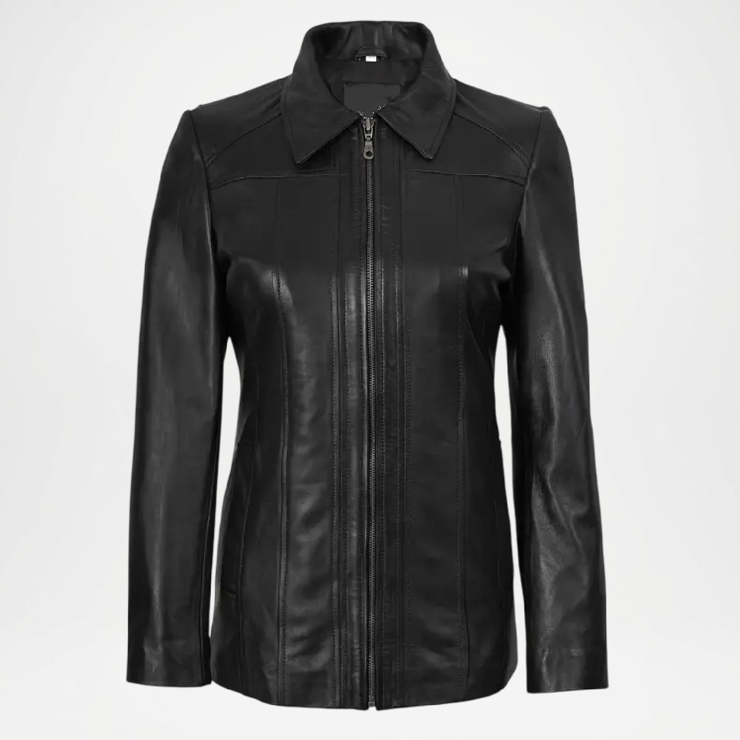 Black leather jacket women on a light gray background