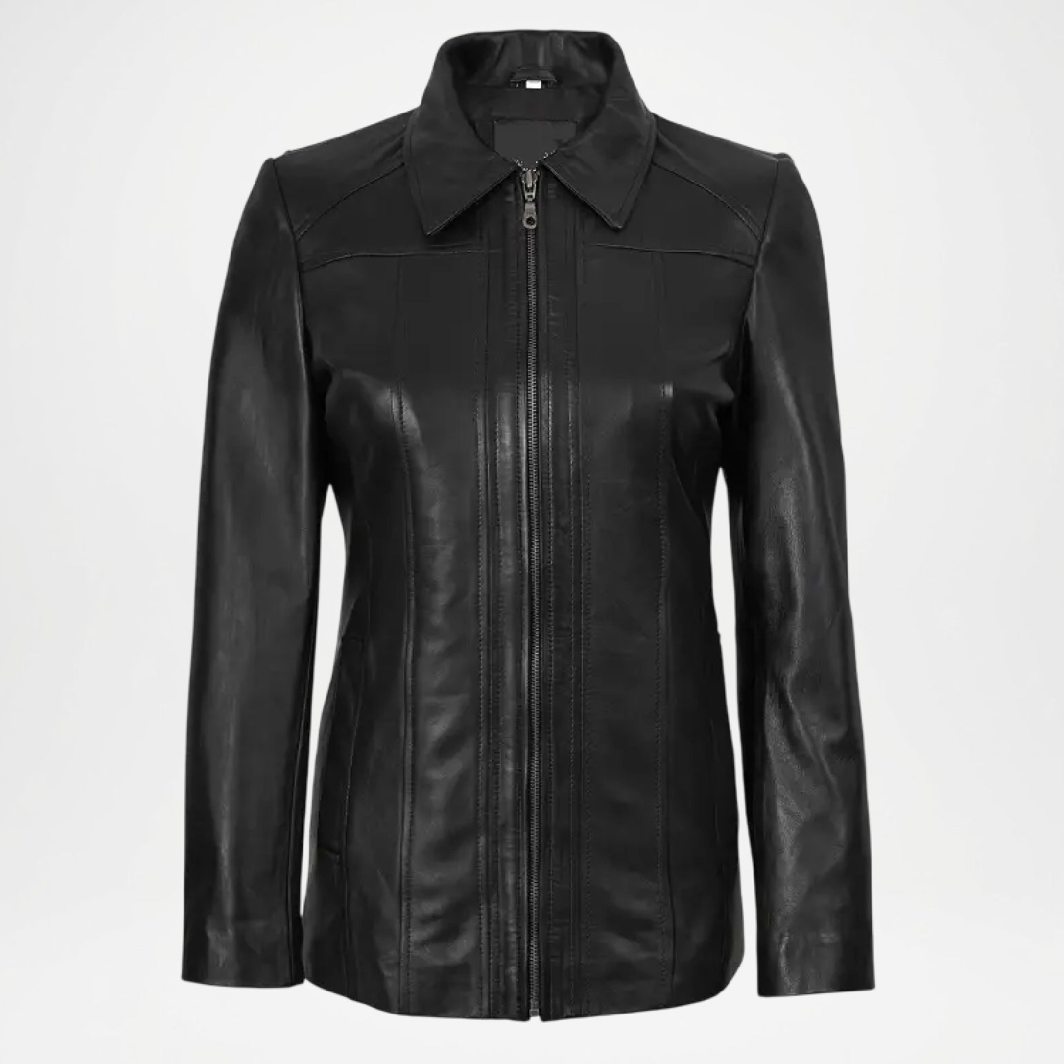 Black leather jacket women on a light gray background