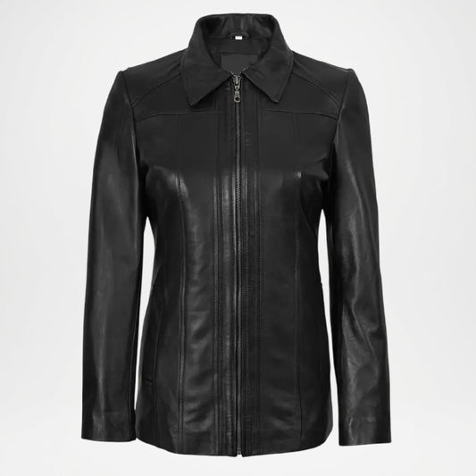 Black leather jacket women on a light gray background