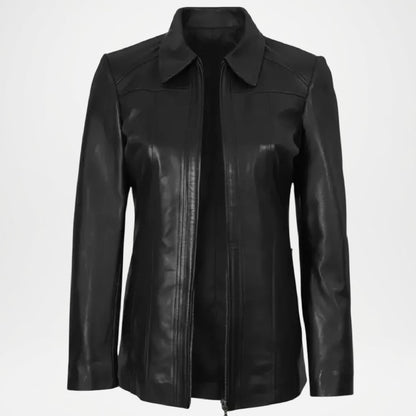 Black leather jacket women on a white background