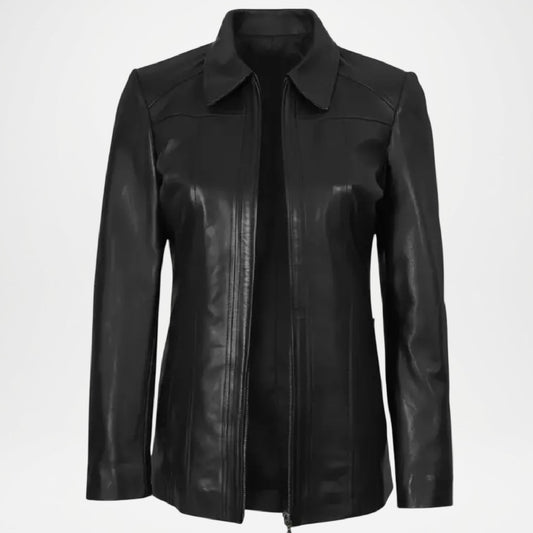 Black leather jacket women on a white background