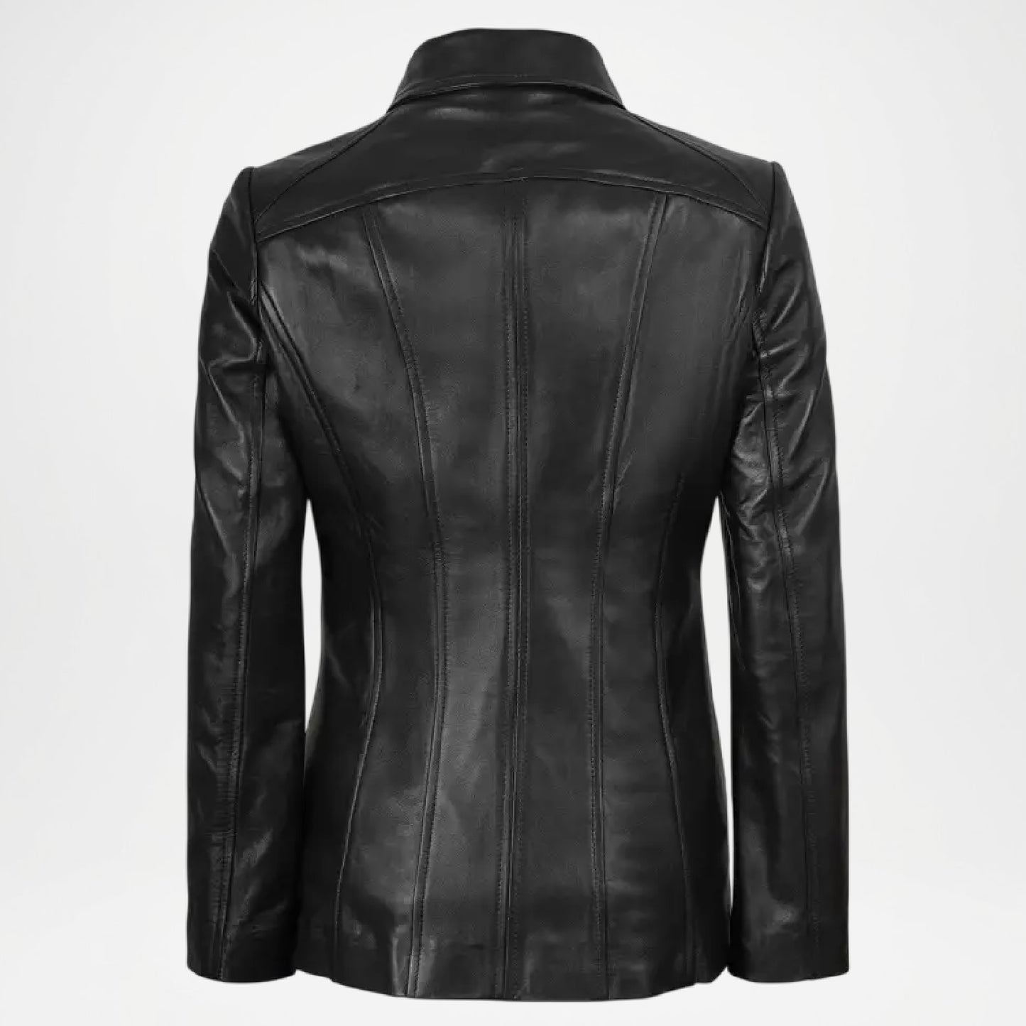 Black leather jacket back side view women