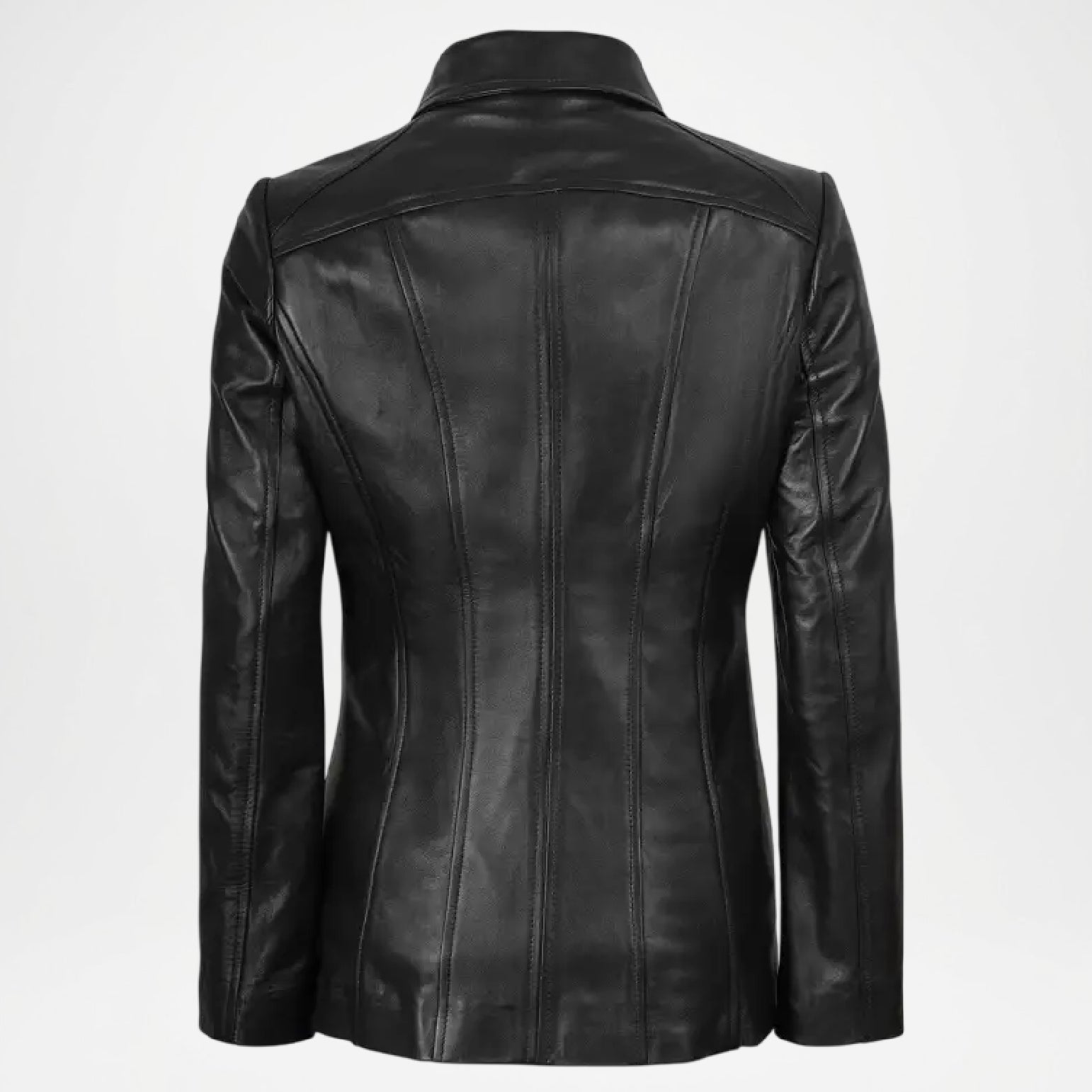Black leather jacket back side view women