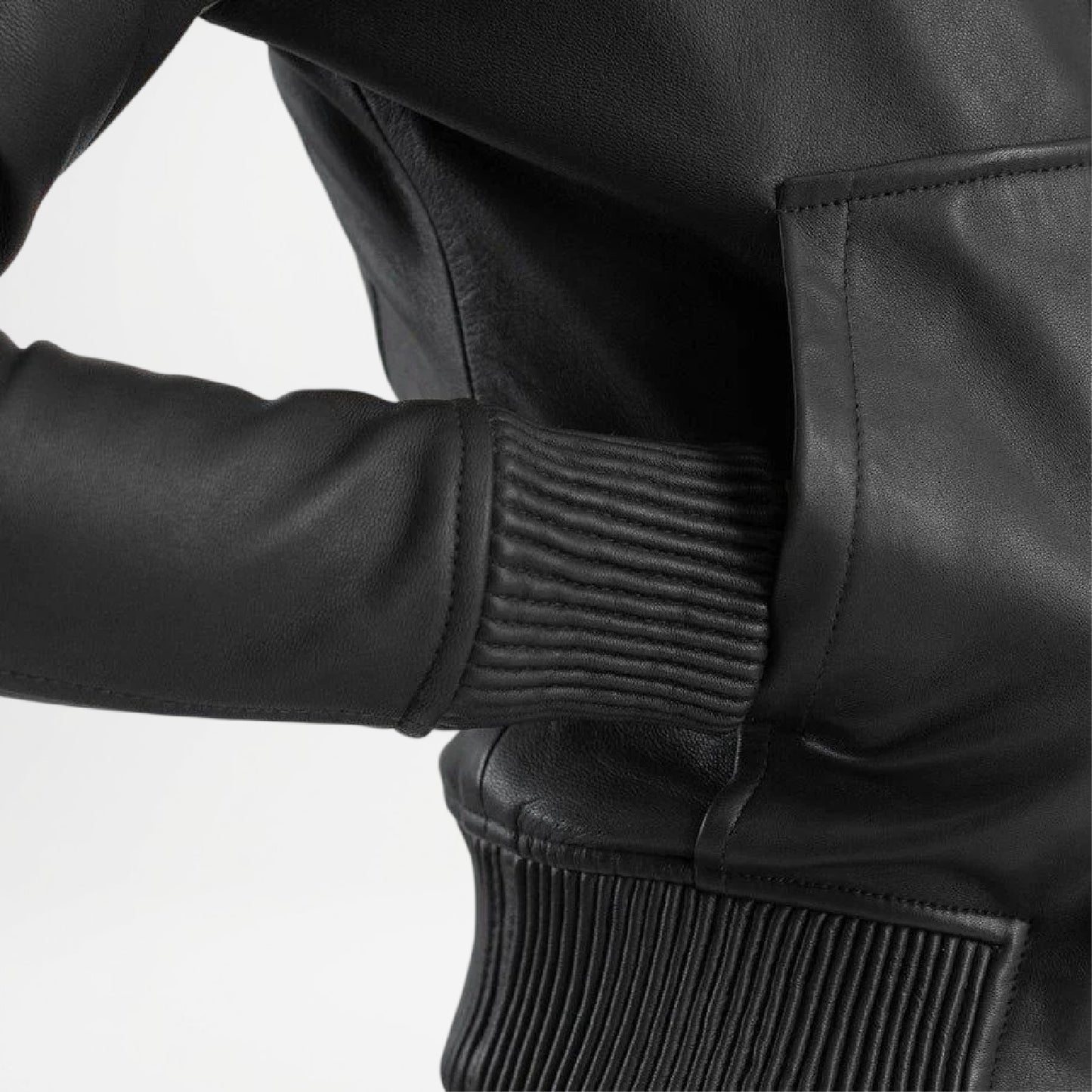 Black Hooded Leather Bomber Jacket for Women