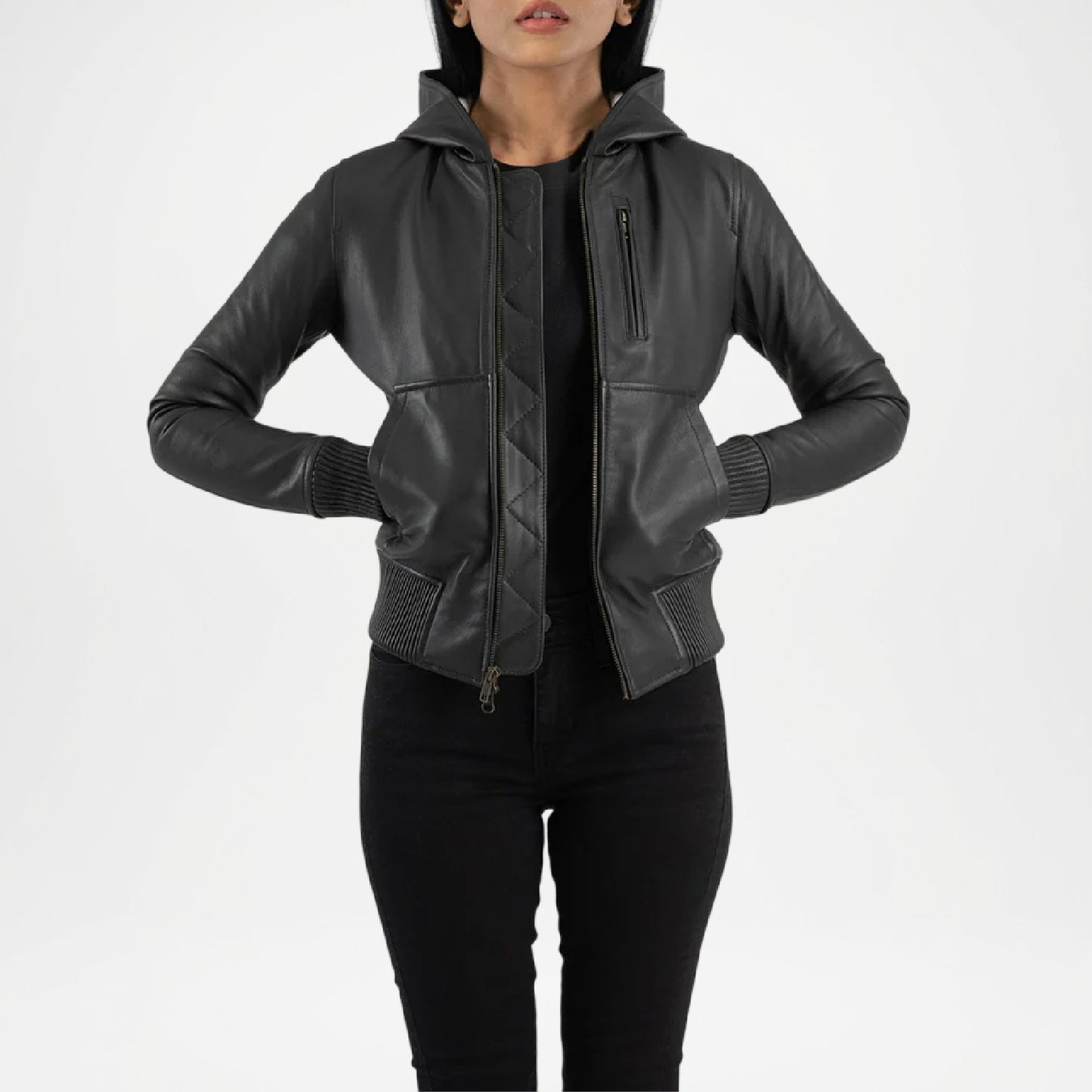 Black Hooded Leather Bomber Jacket for Women
