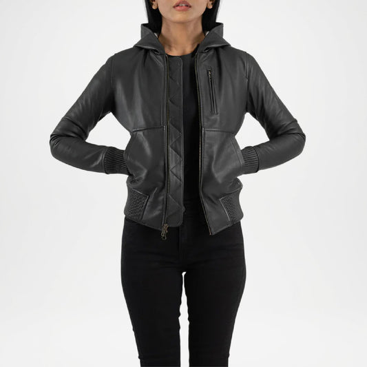 Black Hooded Leather Bomber Jacket for Women