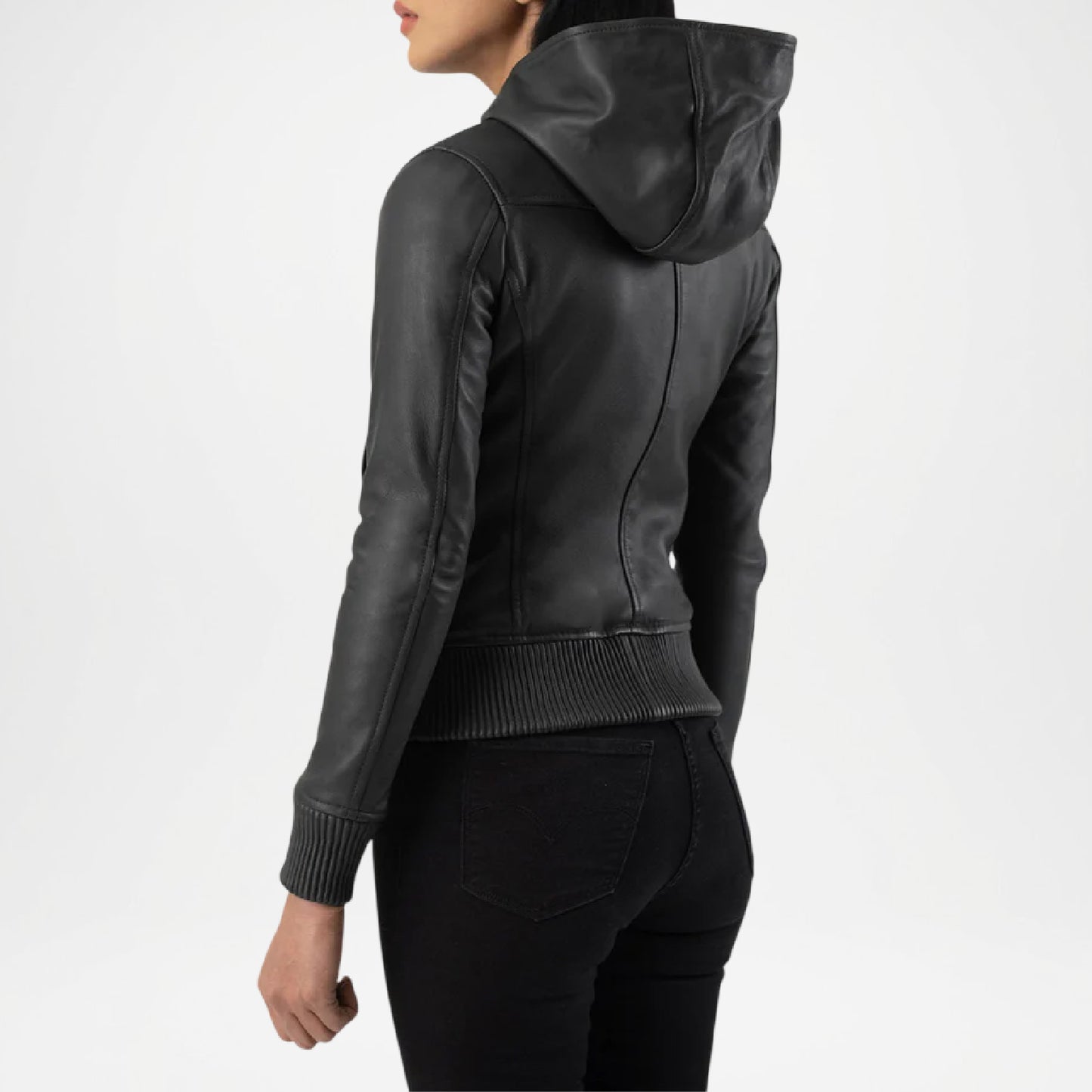 Black Hooded Leather Bomber Jacket for Women