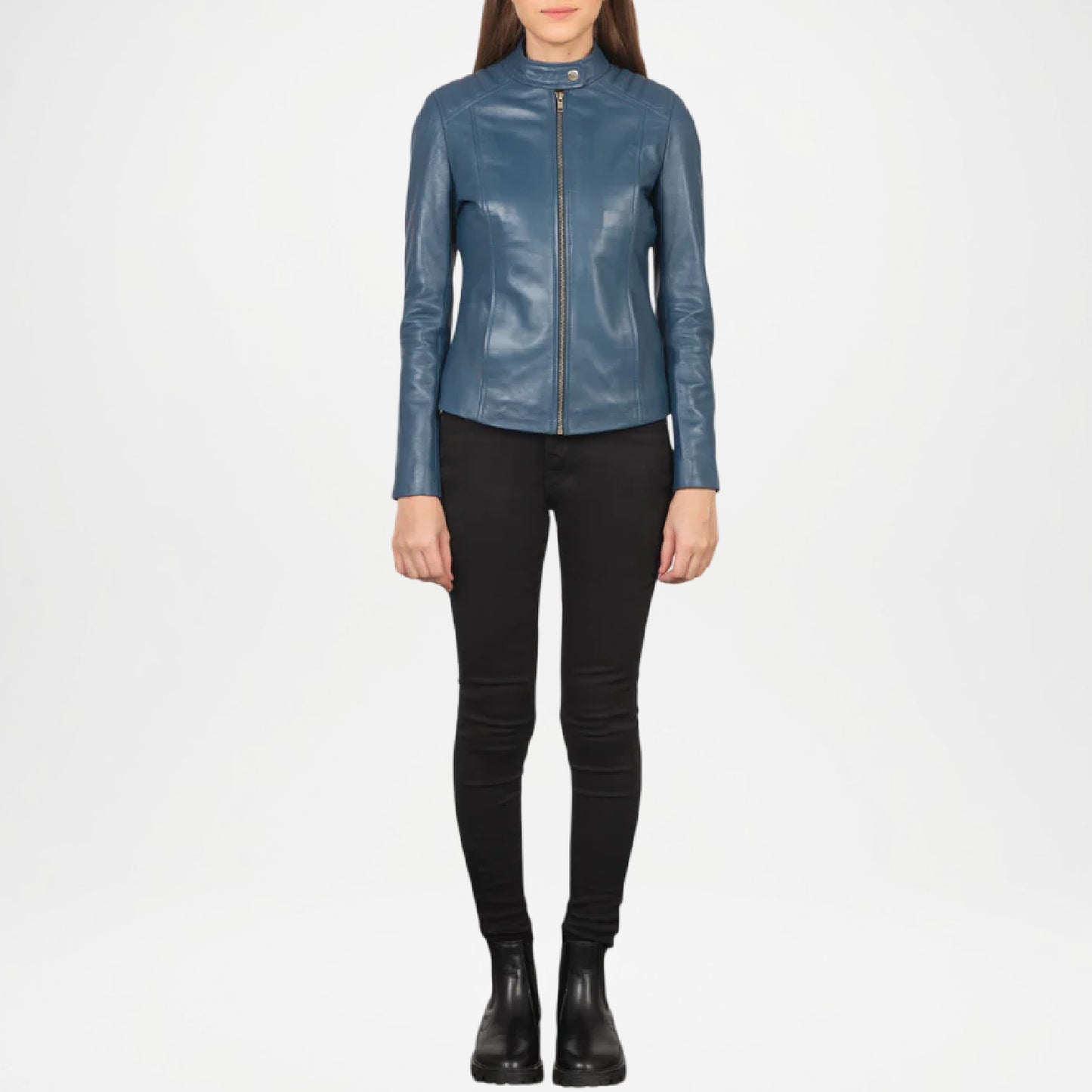 Blue Leather Biker Jacket for Women