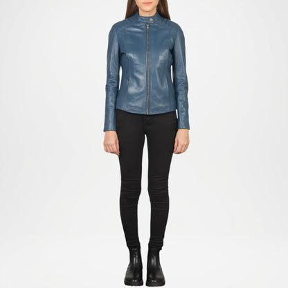 Blue Leather Biker Jacket for Women