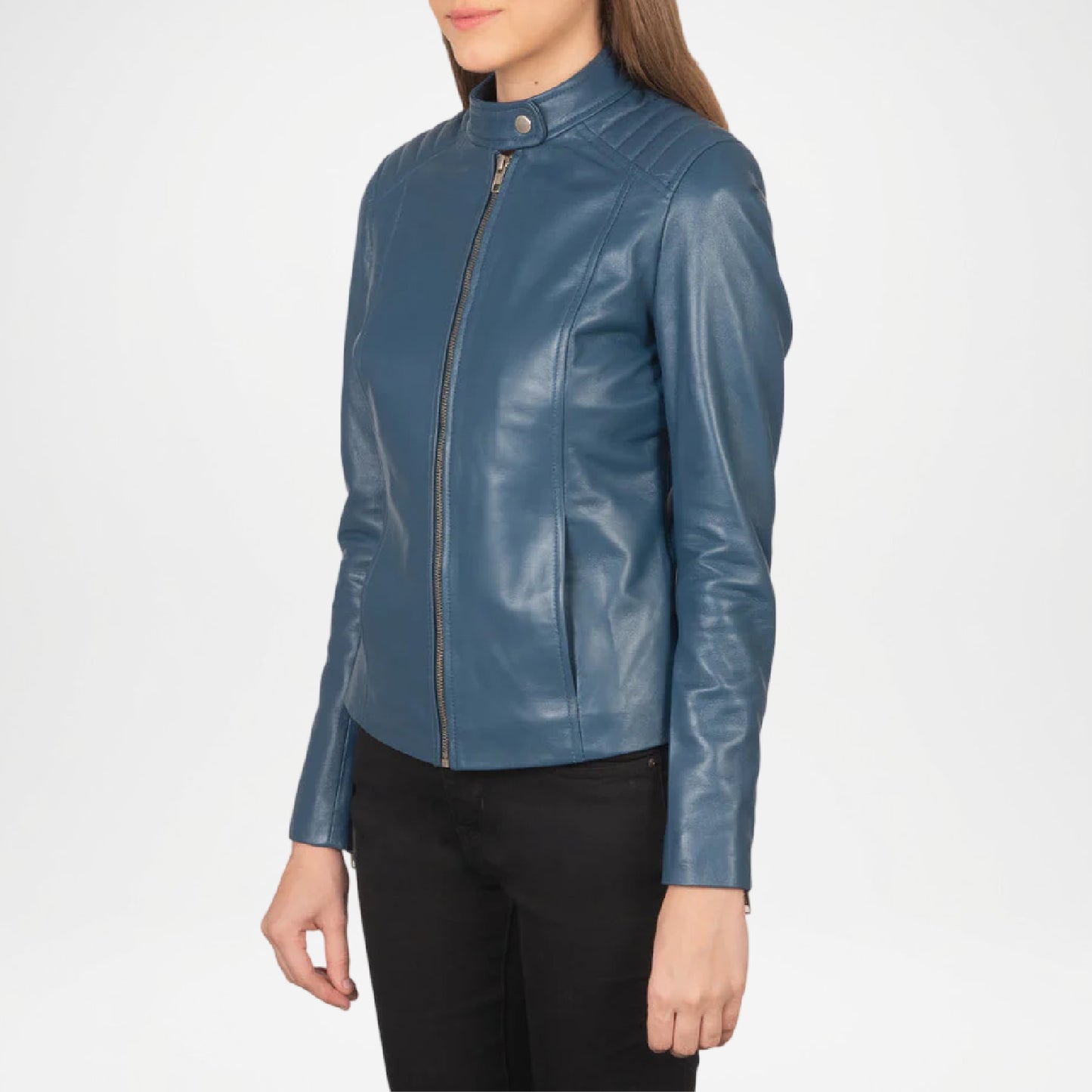 Blue Leather Biker Jacket for Women