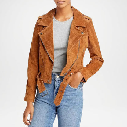 Tan Brown Cropped Suede Leather Jacket for Women