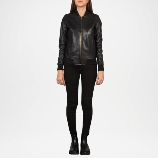 Black Leather Bomber Jacket for Women