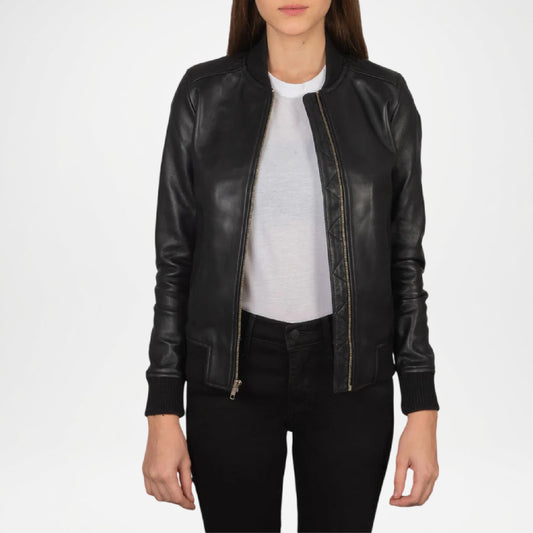 Black Leather Bomber Jacket for Women